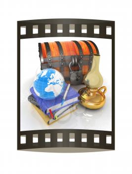 Classic global scene with Earth, kerosene lamp, chest and notebooks. 3d render. Film strip.