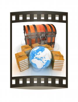 Chest and books around Earth. 3d render. Film strip.