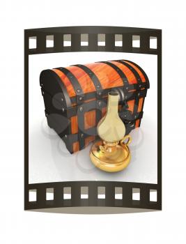 Retro kerosene lamp and old chest. 3d render. Film strip.