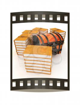Chest and Books. 3d render. Film strip.