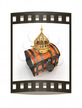 Crown and chest. 3d render. Film strip.