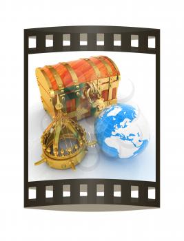 Worldwide championship business success or winner competition concept with blue Earth. 3d render. Film strip.