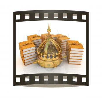Gold crown and leather books. 3d render. Film strip.