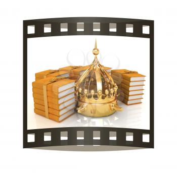Gold crown and leather books. 3d render. Film strip.