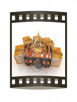 Gold crown on a chest and leather books around. 3d render. Film strip.
