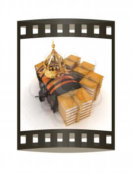 Gold crown on a chest and leather books around. 3d render. Film strip.