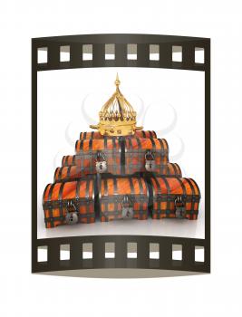 Crown and chest. 3d render. Film strip.