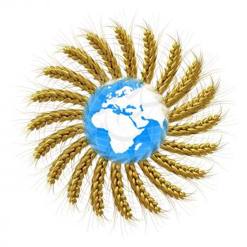 3D illustration of a golden wreath made of wheat spikelets with Earth. Design element. 3d render