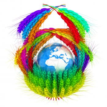 A colorful basket of wheat for Easter or Thanksgiving. Global concept with the earth ball inside. 3d render
