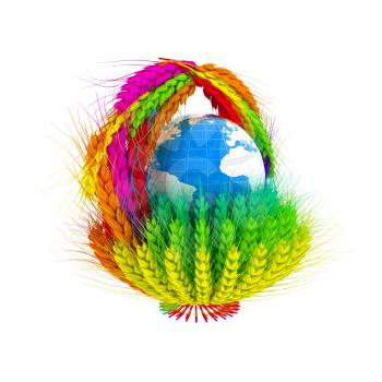 Colored basket of the ears of wheat. Global concept with ball globe Earth. 3d render