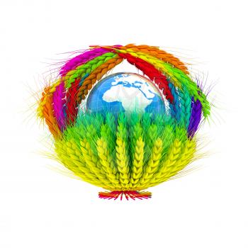 Colored basket of the ears of wheat. Global concept with ball globe Earth. 3d render