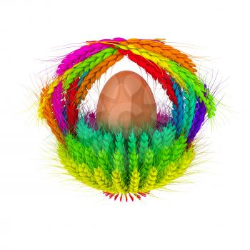 Colored basket of the ears of wheat with eggs. Traditional Easter attributes.  3d render