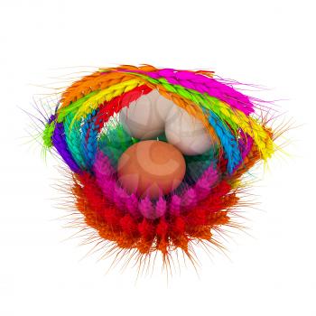 Colored basket of the ears of wheat with eggs. 3d render
