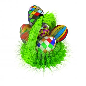 Colored basket of the ears of wheat with Easter eggs. 3d render