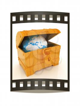 Earth in a chest. 3d illustration. Film strip.