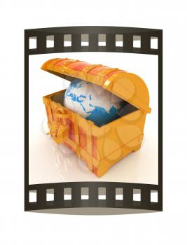 Earth in a chest. 3d illustration. Film strip.