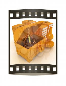 Crown in a chest and  books with  kerosene lamp beside. 3d render. Film strip.
