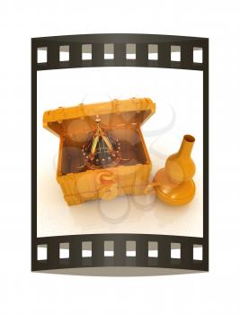 Gold crown in a chest and kerosene lamp. 3d render. Film strip.