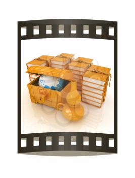 Earth in chest and leather books with kerosene lamp. Edication concept in retro stile. 3d render. Film strip.