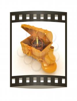 Gold crown in a chest and kerosene lamp. 3d render. Film strip.