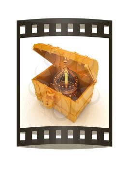 Gold crown in a chest. 3d render. Film strip.