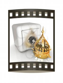 Safe and crown. Money saving concept. 3d render. Film strip.