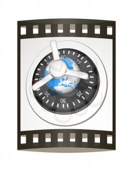 Earth and safe. Global bancing online concept of money saving. 3d render. Film strip.