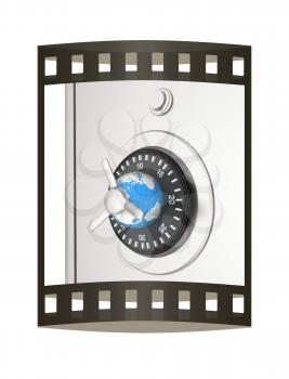 Earth and safe. Global bancing online concept of money saving. 3d render. Film strip.
