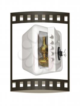Gold retro kerosene lamp in safe. The concept of protection of rare values. 3d render. Film strip.
