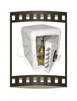 Gold retro kerosene lamp in safe. The concept of protection of rare values. 3d render. Film strip.