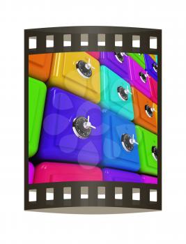 Many colorful safes. 3d render. Film strip.