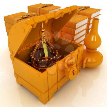 Crown in a chest and  books with  kerosene lamp beside. 3d render