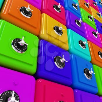 Many colorful safes. 3d render
