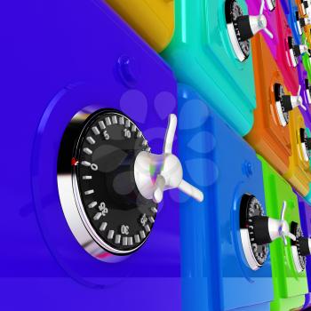 Many colorful safes. 3d render