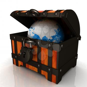 Earth in wood chest. Original global ecology concept of saved Earth. 3d illustration