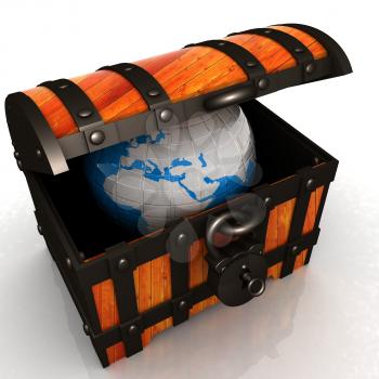 Earth in wood chest. Original global ecology concept of saved Earth. 3d illustration