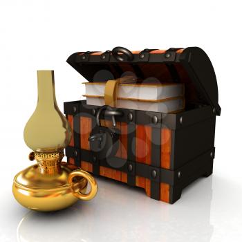 Leather Books in a Chest and kerosene lamp. 3d render