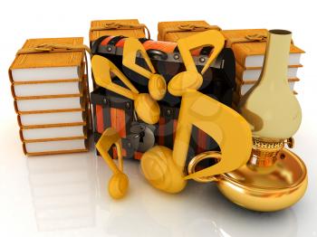 Chest with leather books around, kerosene golden lamp and music notes beside. Retro concept of best of the best musical education. 3d render