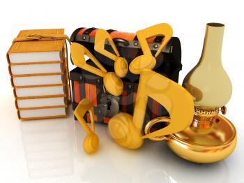 Chest with leather books around, kerosene golden lamp and music notes beside. Retro concept of best of the best musical education. 3d render