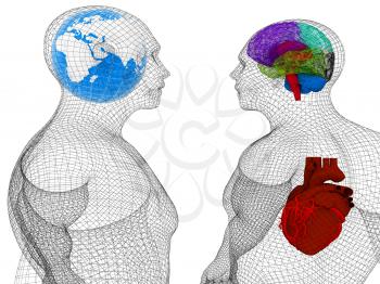 Wire human body model with heart and brain in x-ray. 3d render. Global medical concept with Earth. 3d render