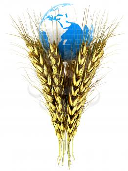 Golden metal ears of wheat and Earth. Symbol that depicts prosperity, wealth and abundance. 3d render