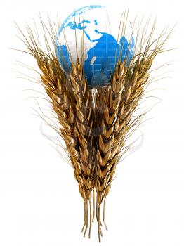 Golden metal ears of wheat and Earth. Symbol that depicts prosperity, wealth and abundance. 3d render