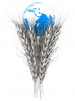 Metal ears of wheat and Earth. Symbol that depicts prosperity, wealth and abundance. 3d render