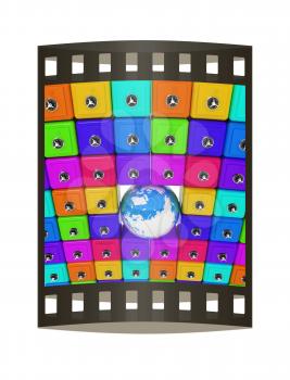 Earth and many safes. Global bancing online concept of money saving. 3d render. Film strip.