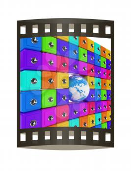Earth and many safes. Global bancing online concept of money saving. 3d render. Film strip.
