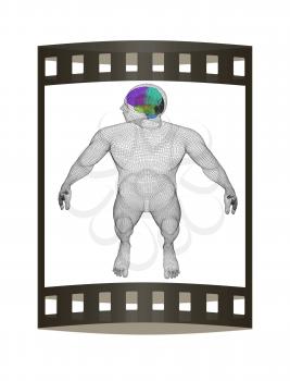 Wire human model with brain. 3d render. Film strip.
