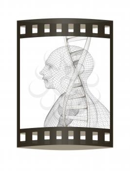 3D medical background with DNA strands and human. 3d render. Film strip.