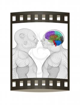 Wire human model with brain and a model of a person without a brain. 3d render. Film strip.