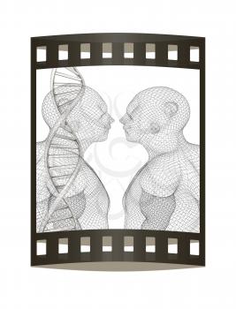 3D medical background with DNA strands and human. 3d render. Film strip.