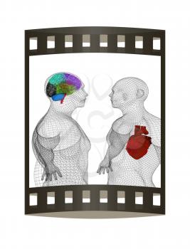 Wire human body model with heart and brain in x-ray. 3d render. Film strip.